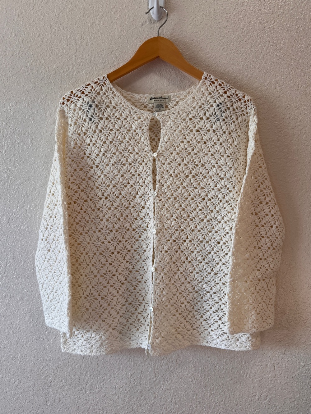 Eddie Bauer Crochet Cream Button Up Cardigan Cotton Blend Cottagecore Women 1X